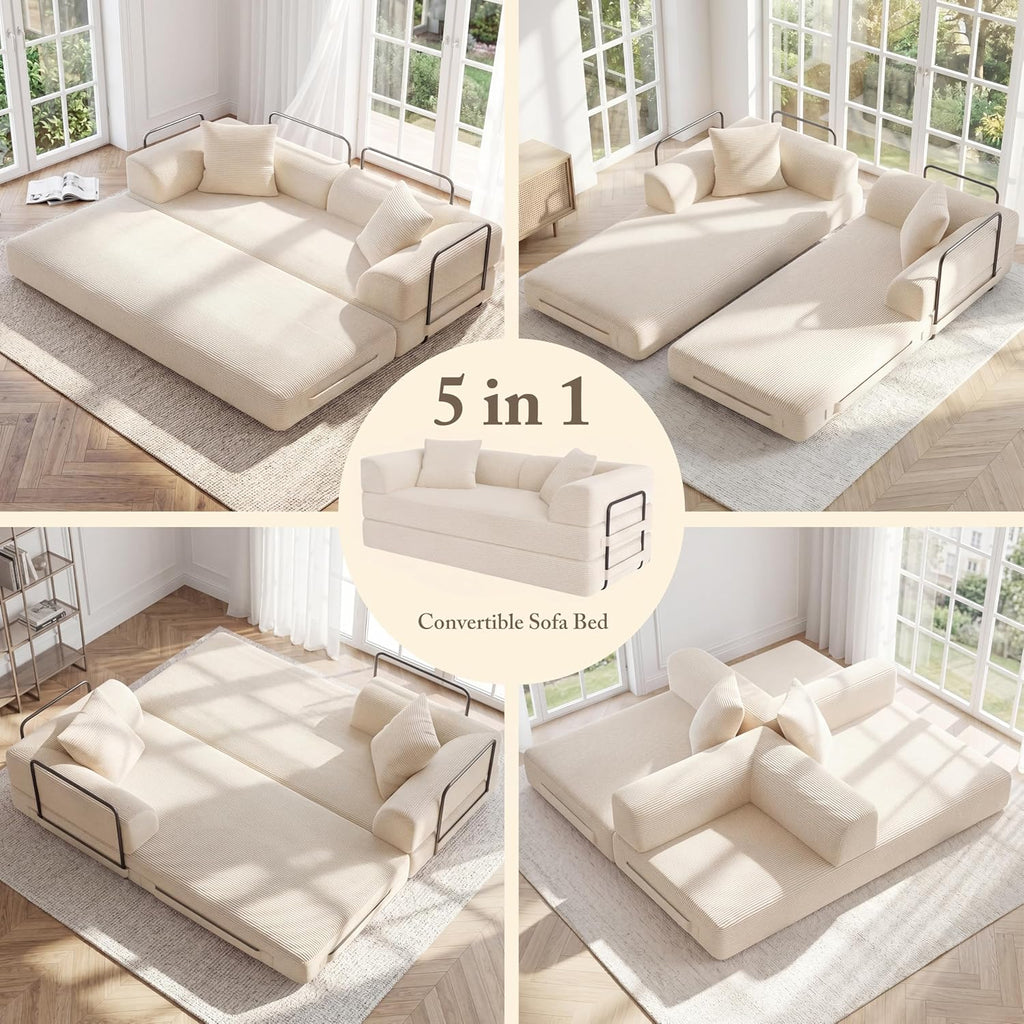 Cloud Boneless Convertible Floor Sofa Bed, 70' 5-in-1 Foldable Compressed Loveseat Lounge Sleeper 2 Seater Couches, High-Density Sponge & Corduroy Fabric Futon Daybed for Living Room Bedroom(Beige)