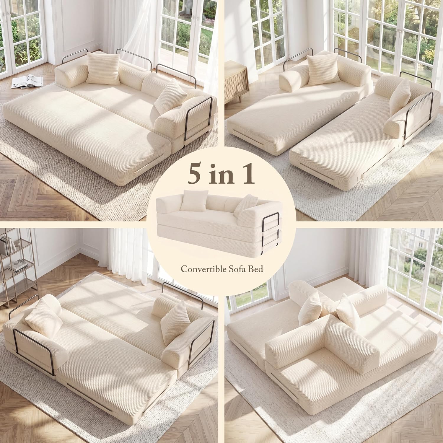 Cloud Boneless Convertible Floor Sofa Bed, 70' 5-in-1 Foldable Compressed Loveseat Lounge Sleeper 2 Seater Couches, High-Density Sponge & Corduroy Fabric Futon Daybed for Living Room Bedroom(Beige)