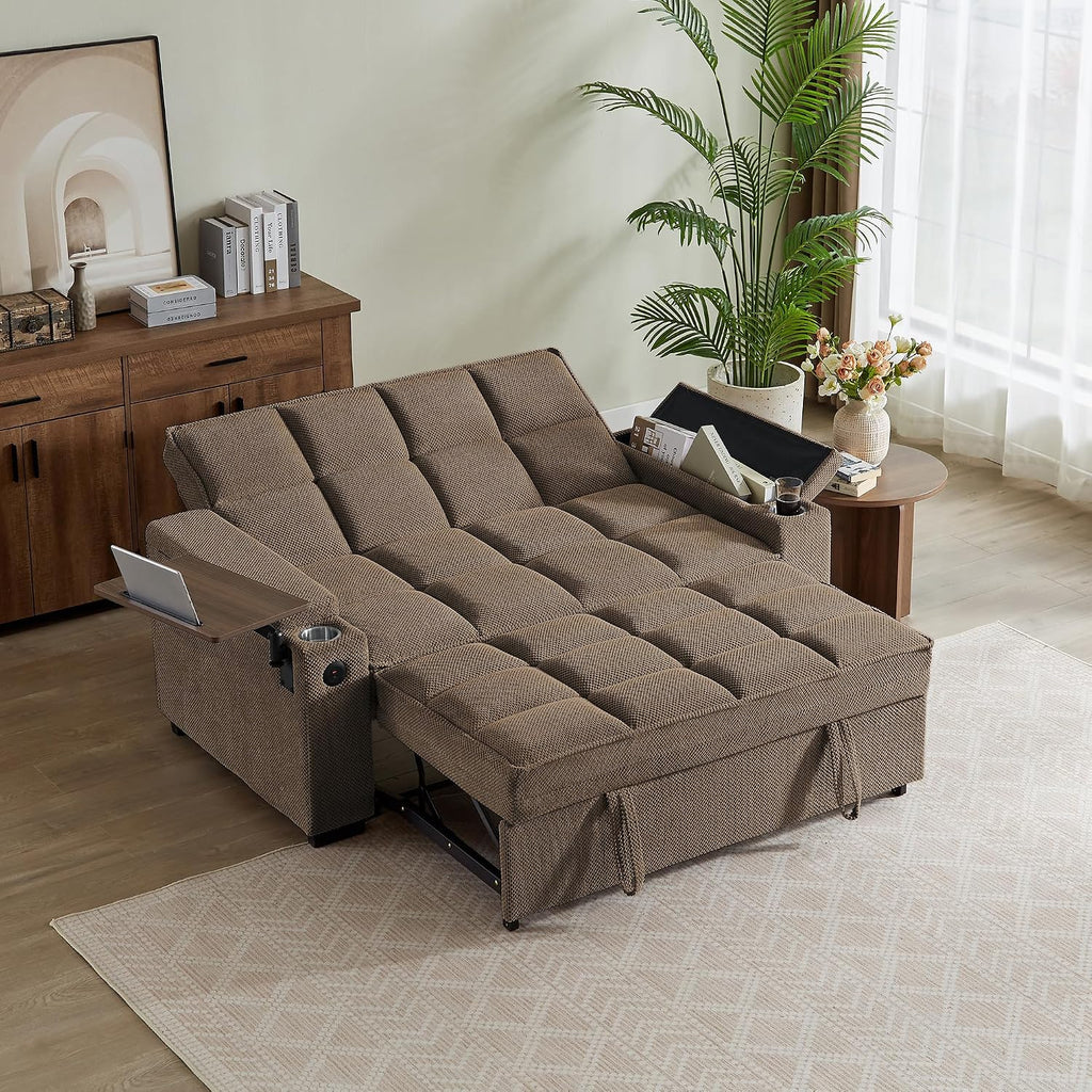Auvsoce 65'' Chaise Lounge Chair Indoor, 3-in-1 Convertible Sofa Bed with Pull-Out Design, 360° Swivel Side Table, Modern Granular Velvet Couch Bed for Living Room, Small Space & Apartment-Friendly