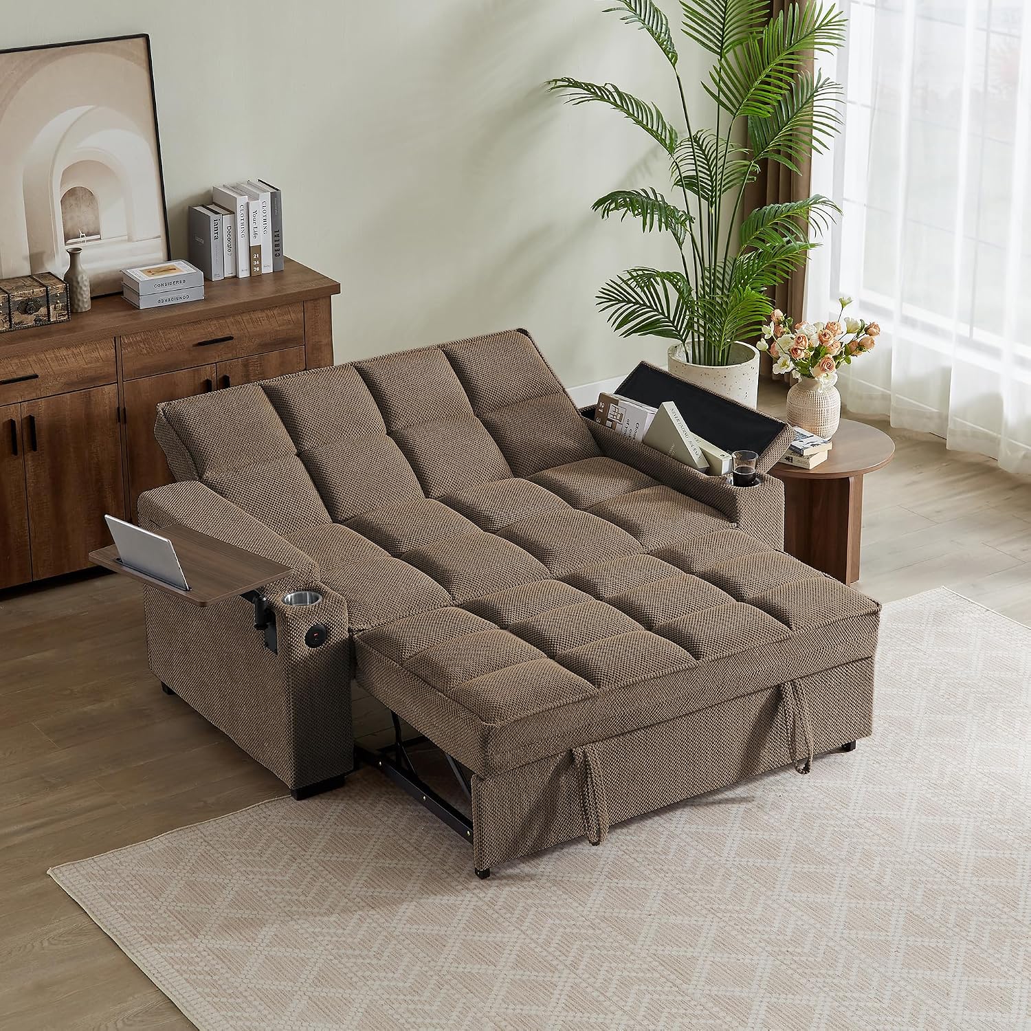 Auvsoce 65'' Chaise Lounge Chair Indoor, 3-in-1 Convertible Sofa Bed with Pull-Out Design, 360° Swivel Side Table, Modern Granular Velvet Couch Bed for Living Room, Small Space & Apartment-Friendly