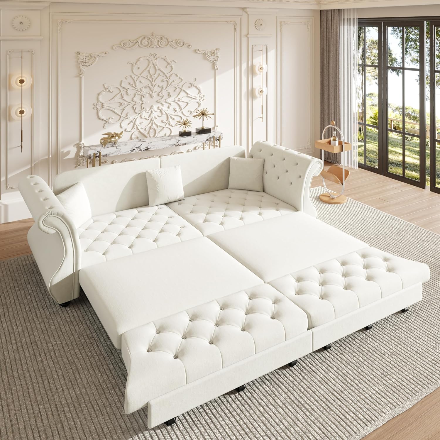 97.6' Oversized Pull Out Sofa Bed, Chesterfield Velvet Sleeper Sofa Couch with Roll Arm & Flower Tufting, Heavy Duty Metal Frame Convertible Sofa for Living Room, Apartment, Guest Room, Beige | Pull Out, Roll Arm, Flower Tufting, Convertible