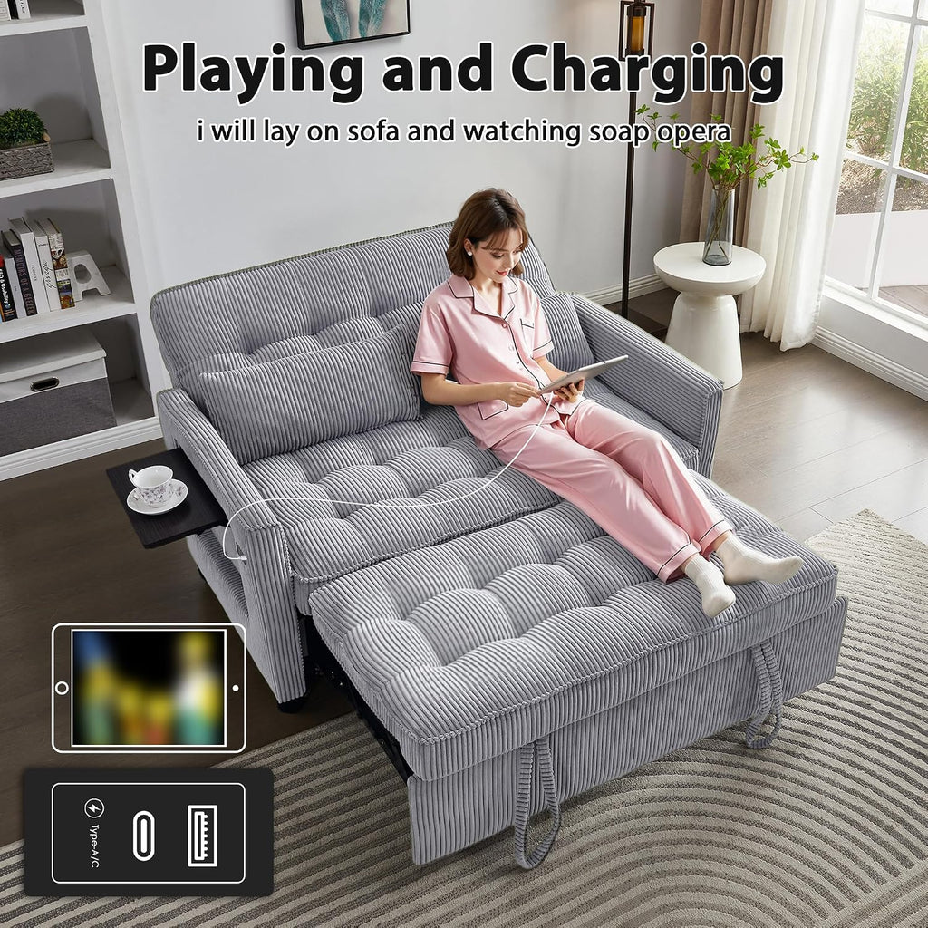 Sleeper Sofa Bed, 55'' Convertible Pull Out Couch with Small Table| USB Port | Side Pockets | Corduroy Fabric | Adjustable Backrest for Apartment, Office, Bedroom, Guest Room(LightGray)