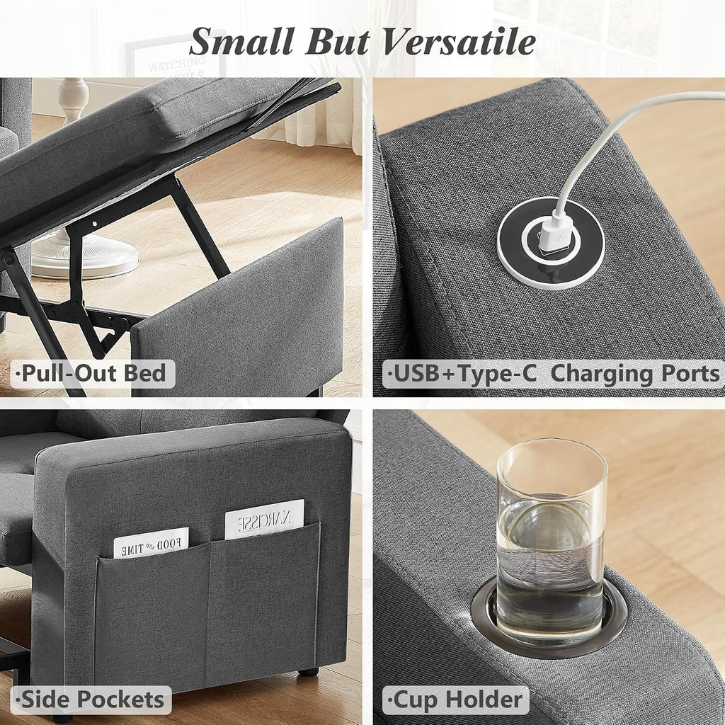 WEUP 42.5' Sleeper Chair Bed, 3-in-1 Convertible Reclining Sofa Chair with Pull Out Couch Bed, Adjustable Backrest, Side Pockets, Cup Holder, USB Ports & Wing Table, Premium Dark Gray