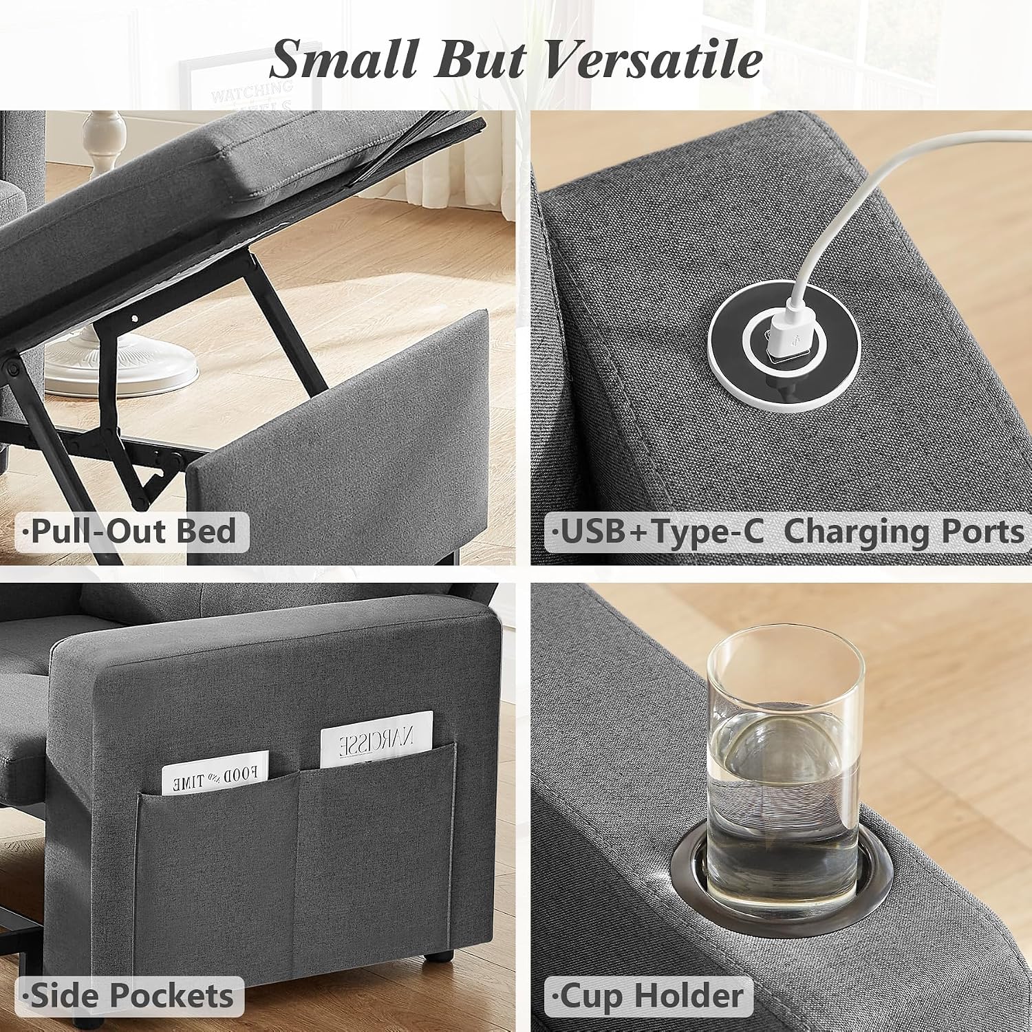 WEUP 42.5' Sleeper Chair Bed, 3-in-1 Convertible Reclining Sofa Chair with Pull Out Couch Bed, Adjustable Backrest, Side Pockets, Cup Holder, USB Ports & Wing Table, Premium Dark Gray
