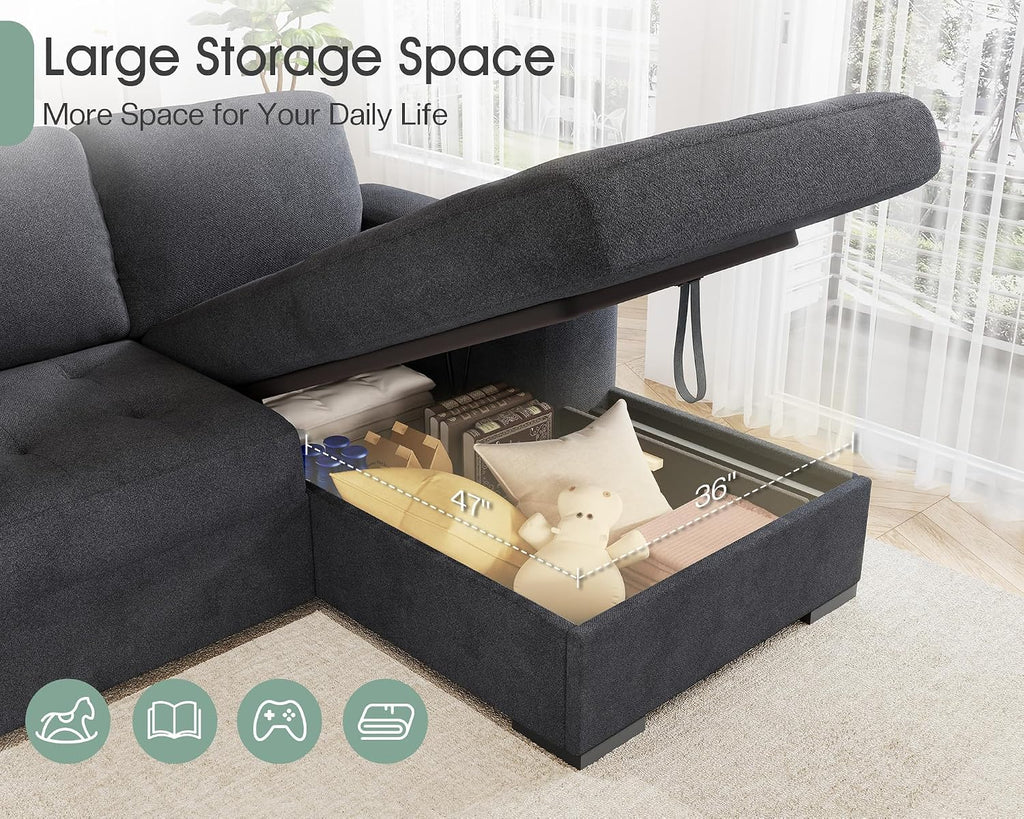 VanAcc 96' Sleeper Sofa, Sofa Bed Couch with Storage Chaise, Sleeper Couch with Pull Out Bed for Living Room(Grey)