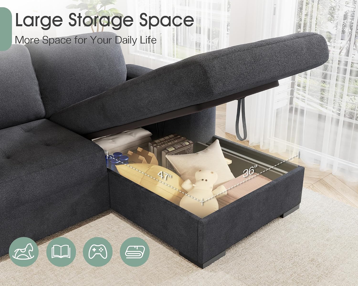 VanAcc 96' Sleeper Sofa, Sofa Bed Couch with Storage Chaise, Sleeper Couch with Pull Out Bed for Living Room(Grey)