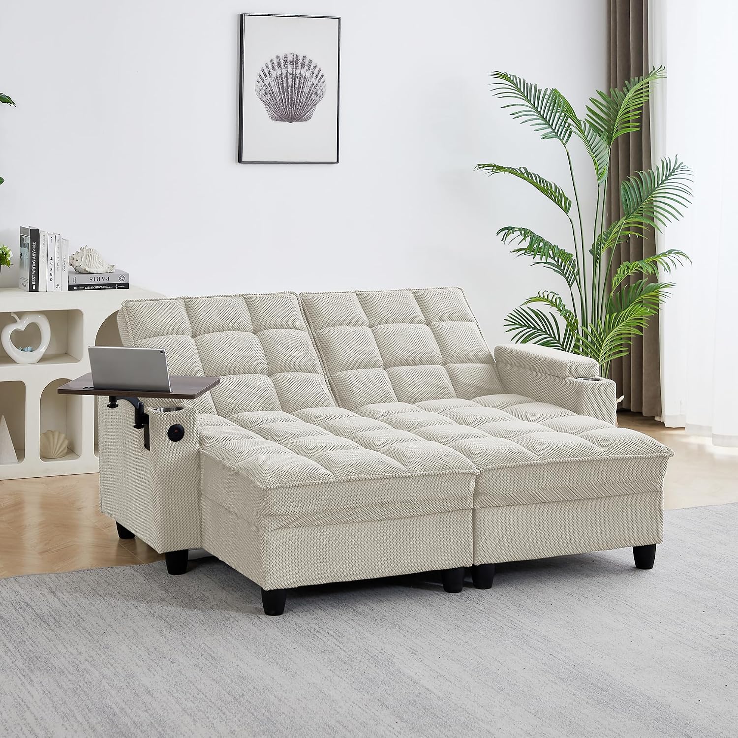 70.9' Chaise Lounge Chair Indoor, Oversized Boucle Upholstered Sofa Bed, Adjustable Backrest Deep Seat Reading Chair, Sofas Couches for Living Room with Storage, Cup Holders & 360° Swivel Side Table