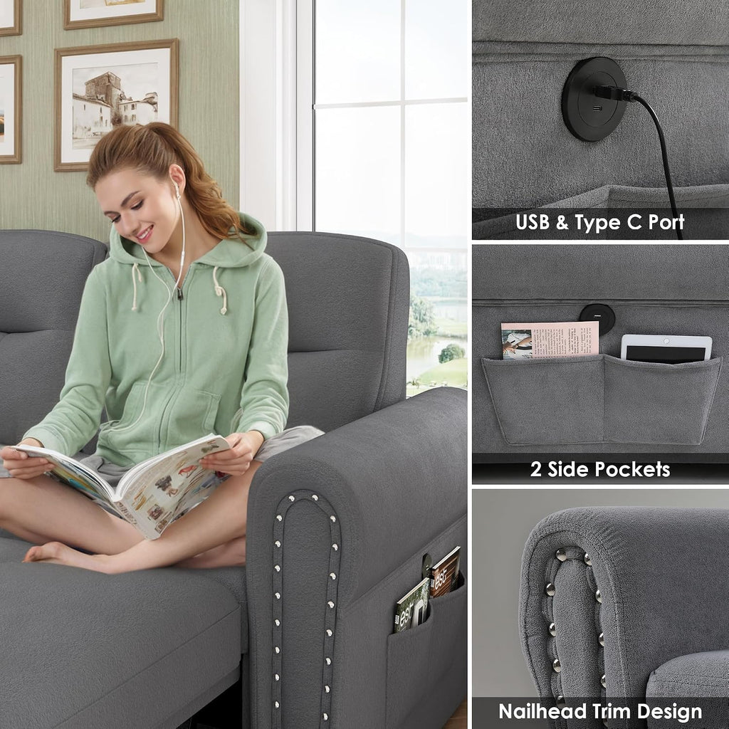 Sleeper Sofa Bed, 83'' Sectional Couch with Reversible Storage Chaise & Nailhead Armrest, Pull Out Couches for Living Room, Side Pocket & Charging Station, Removable Backrest, Velvet Fabric, Dark Grey