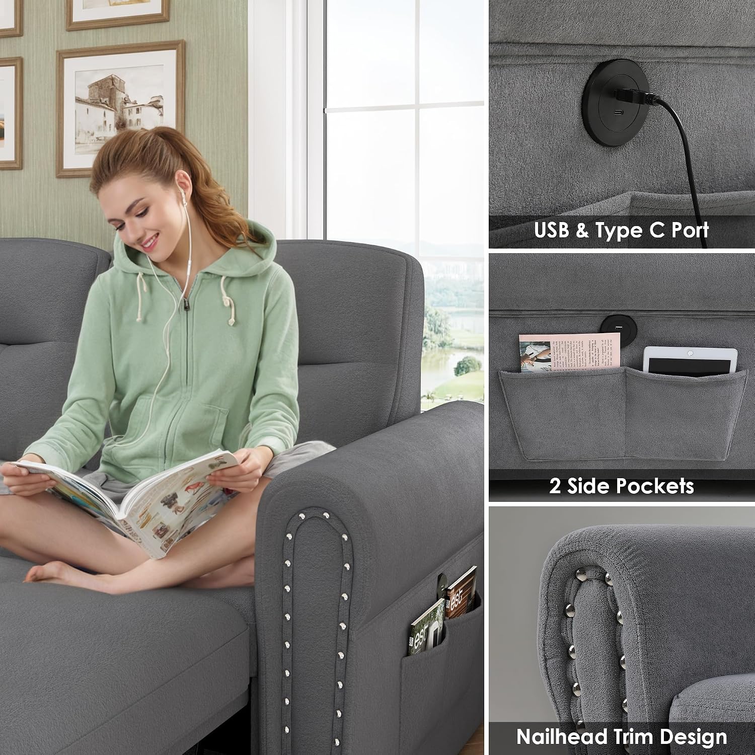 Sleeper Sofa Bed, 83'' Sectional Couch with Reversible Storage Chaise & Nailhead Armrest, Pull Out Couches for Living Room, Side Pocket & Charging Station, Removable Backrest, Velvet Fabric, Dark Grey