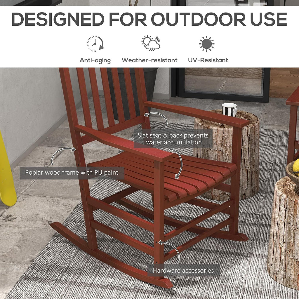 Outsunny Outdoor Rocking Chair Set of 2, Patio Rocking Chair with Smooth Curves, High Density Wooden Rockers for Lawn Garden Porch, Supports Up to 350lbs, Wine Red