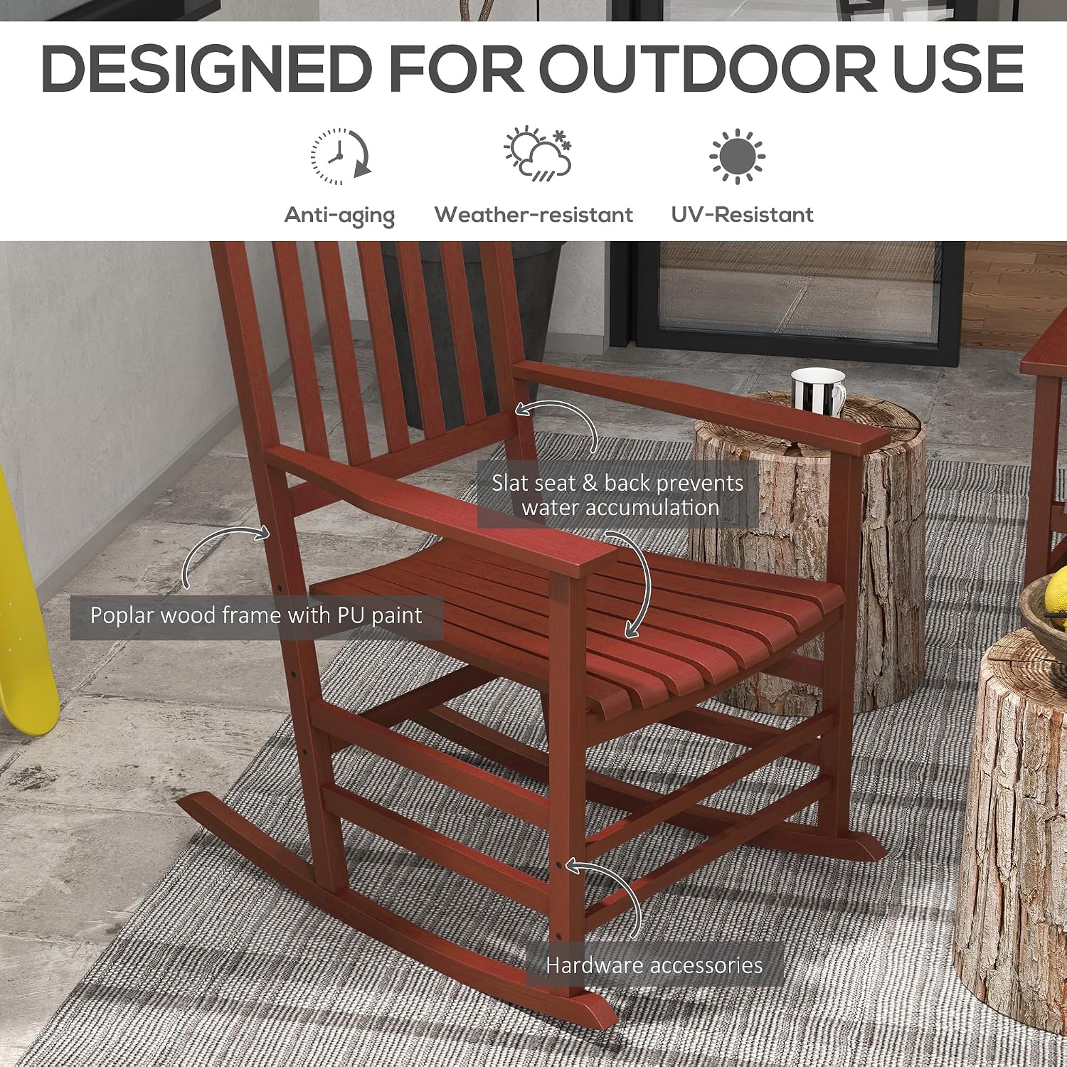 Outsunny Outdoor Rocking Chair Set of 2, Patio Rocking Chair with Smooth Curves, High Density Wooden Rockers for Lawn Garden Porch, Supports Up to 350lbs, Wine Red