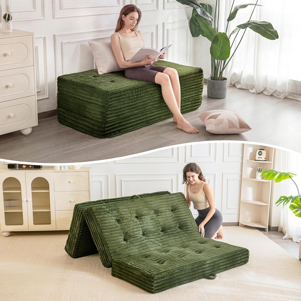 MAXYOYO Floor Sofa Couch, 6 Inch Tri-Fold Floor Sofa Bed, Folding Mattress with Handles, Soft Faux Fur Folding Bed with Supportive Foam Filling, Portable Couch for Living Room, Full, Dark Green