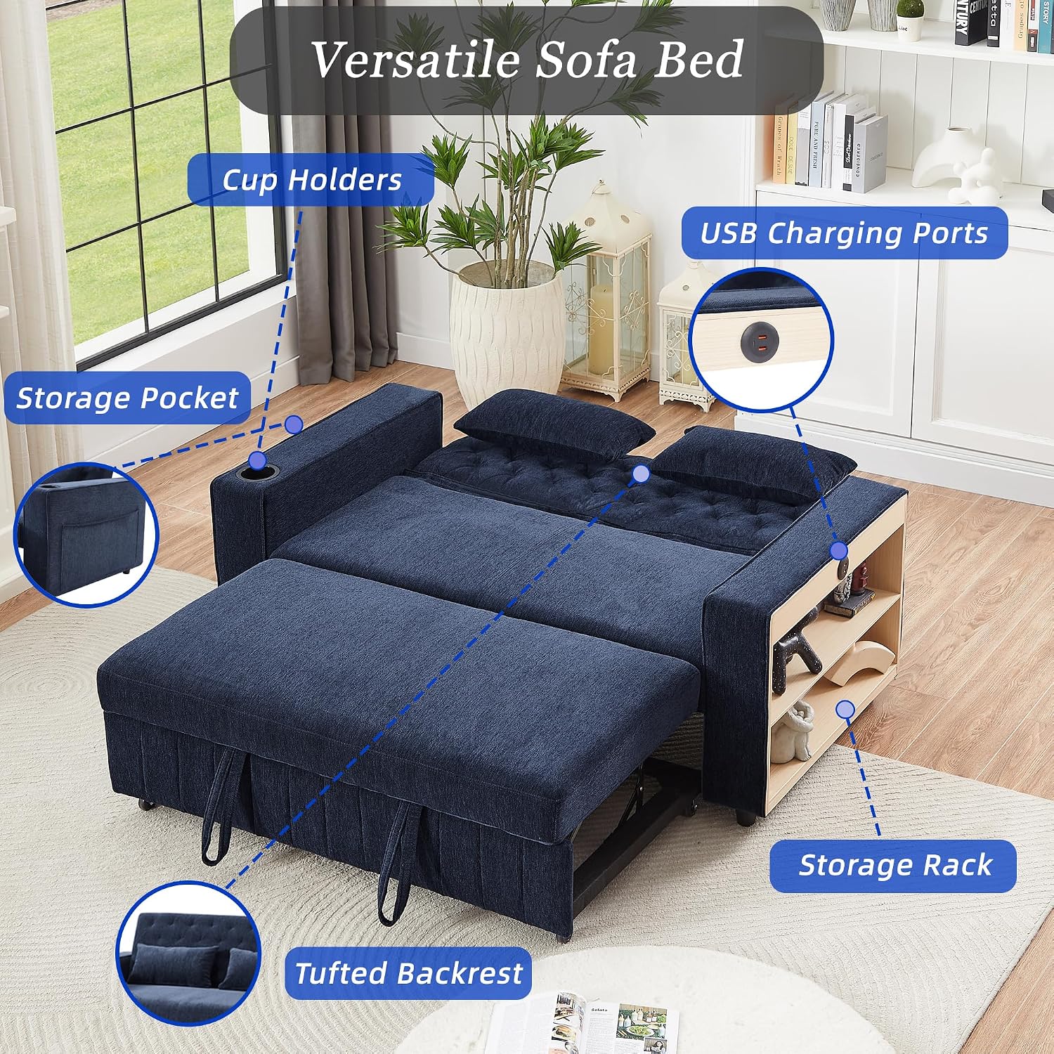 Merax 3 in 1 Convertible Sleeper Sofa Bed with Storage, Futon Couches for Living Room with USB Ports | CupHolder| Reversible Backrest | Pull Out Couch |Small Loveseat,Blue