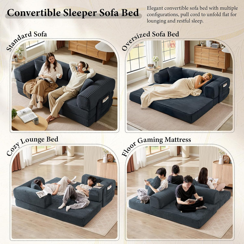 Boneless Couch Futon Sofa Bed Sectional Couches for Living Room,Cloud Couch with Sleeper Sofa,Sofas for Living Room Oversized Corduroy Upholstered (Gray, 81 Inches (with Iron Frame))