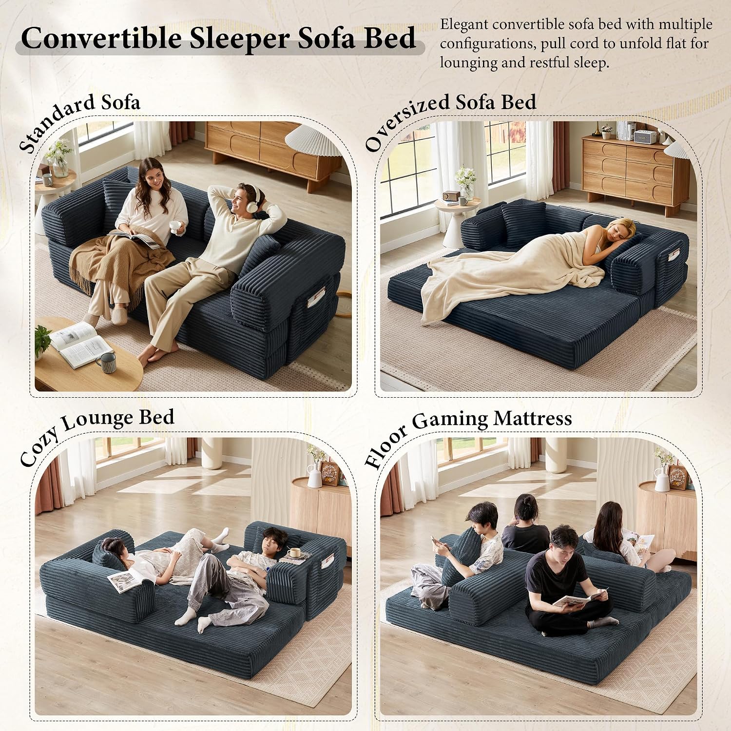 Boneless Couch Futon Sofa Bed Sectional Couches for Living Room,Cloud Couch with Sleeper Sofa,Sofas for Living Room Oversized Corduroy Upholstered (Gray, 81 Inches (with Iron Frame))