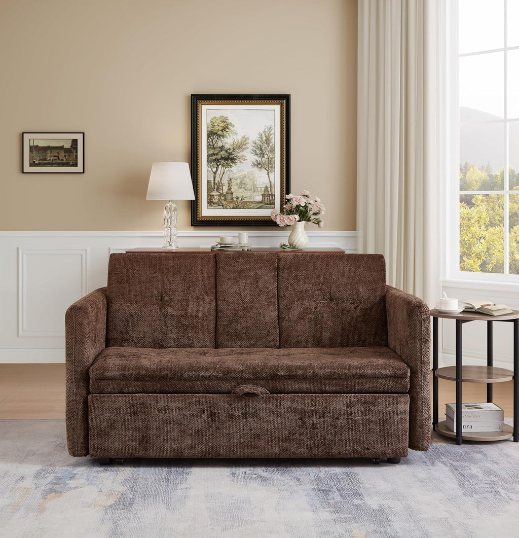 57.48' Convertible Sofa Bed with Cup Holder, Pull Out Sleeper Sofa Bed with USB Charging Ports, 3 in 1 Convertible Sleeper Sofa Bed for Living Room, Apartment, Bedroom, RV, Brown