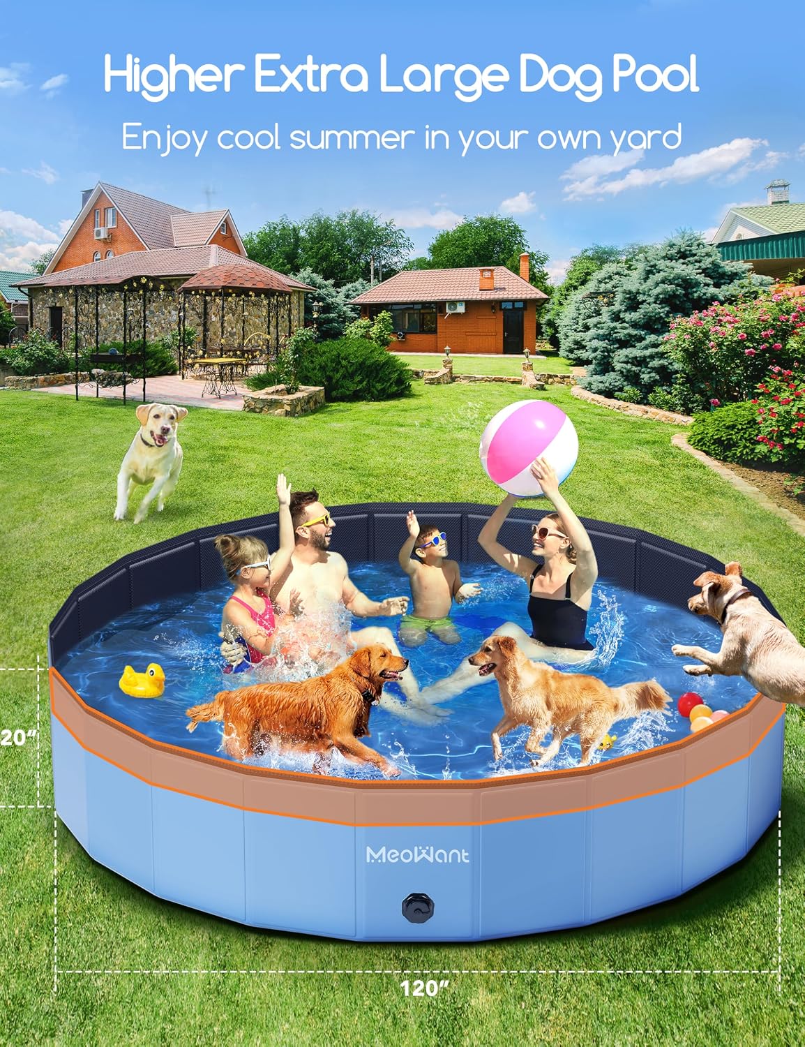 Meowant Extra Large Dog Pool Foldable 120'', Hard Plastic Dog Swimming Pools Kiddie Pool, Collapsible Dogs Pet Bath Pools, Portable Deep Dogs (7XL-120'' × 20'')