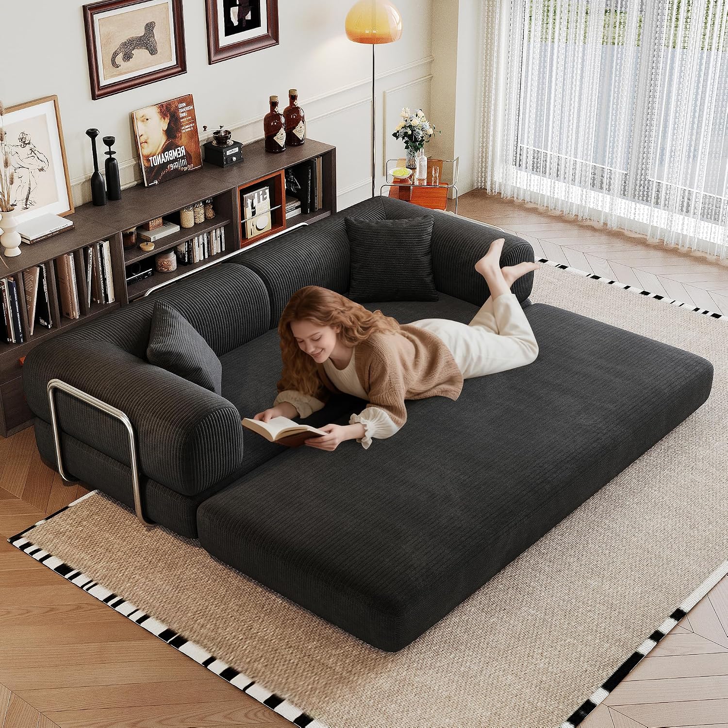 79' Convertible Sofa Bed, Corduroy Folding Pull Out Couch with Pillows, No Assembly Modern Boneless Couch Compression Sofa in Box, Floor Sofa with Support Rods for Living Room,Black