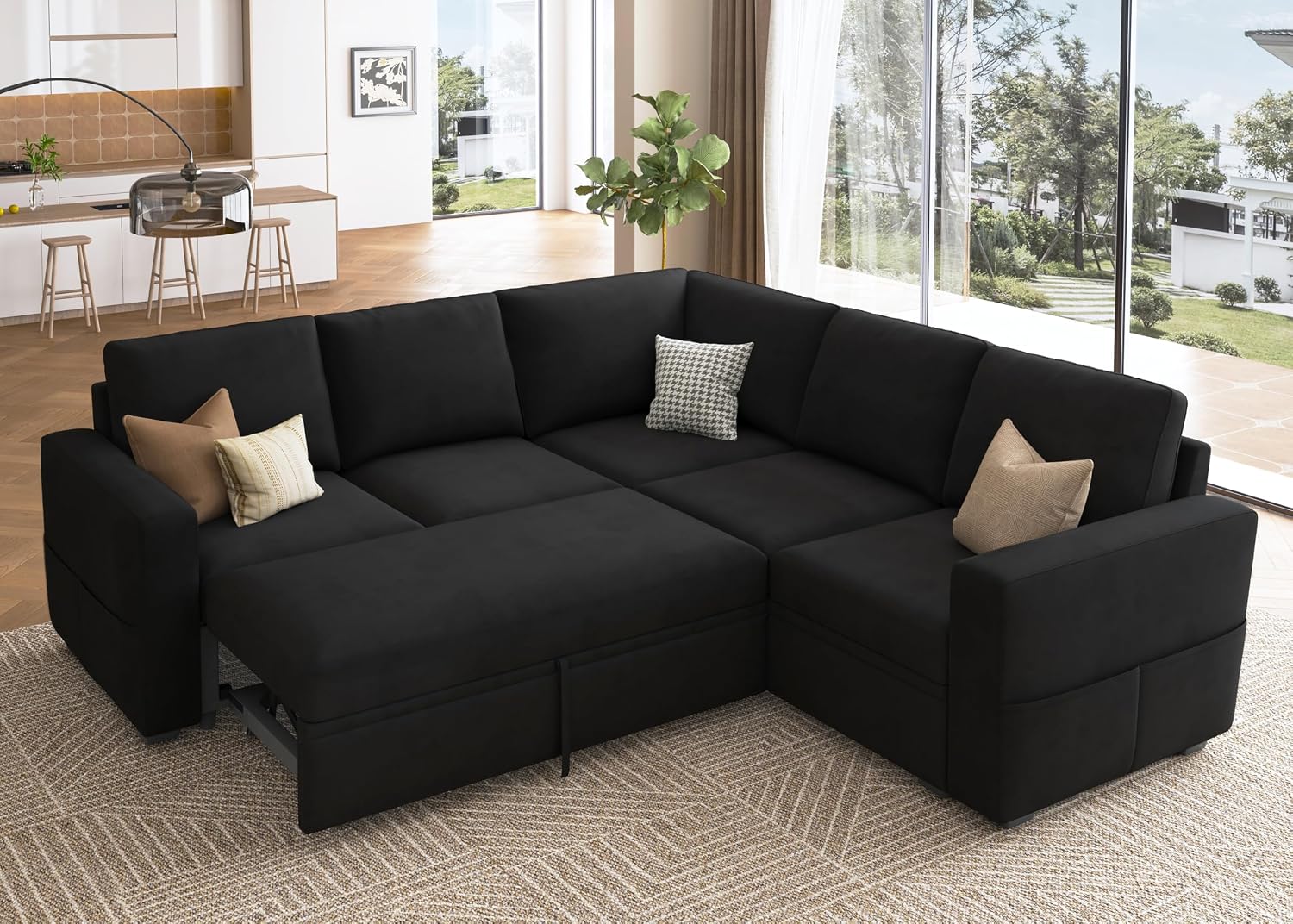 HONBAY Modular Sectional Sleeper Sofa with Pull-Out Bed, Velvet L-Shaped Sofa with Storage Seat, Sectional Sofas for the Living Room, Black