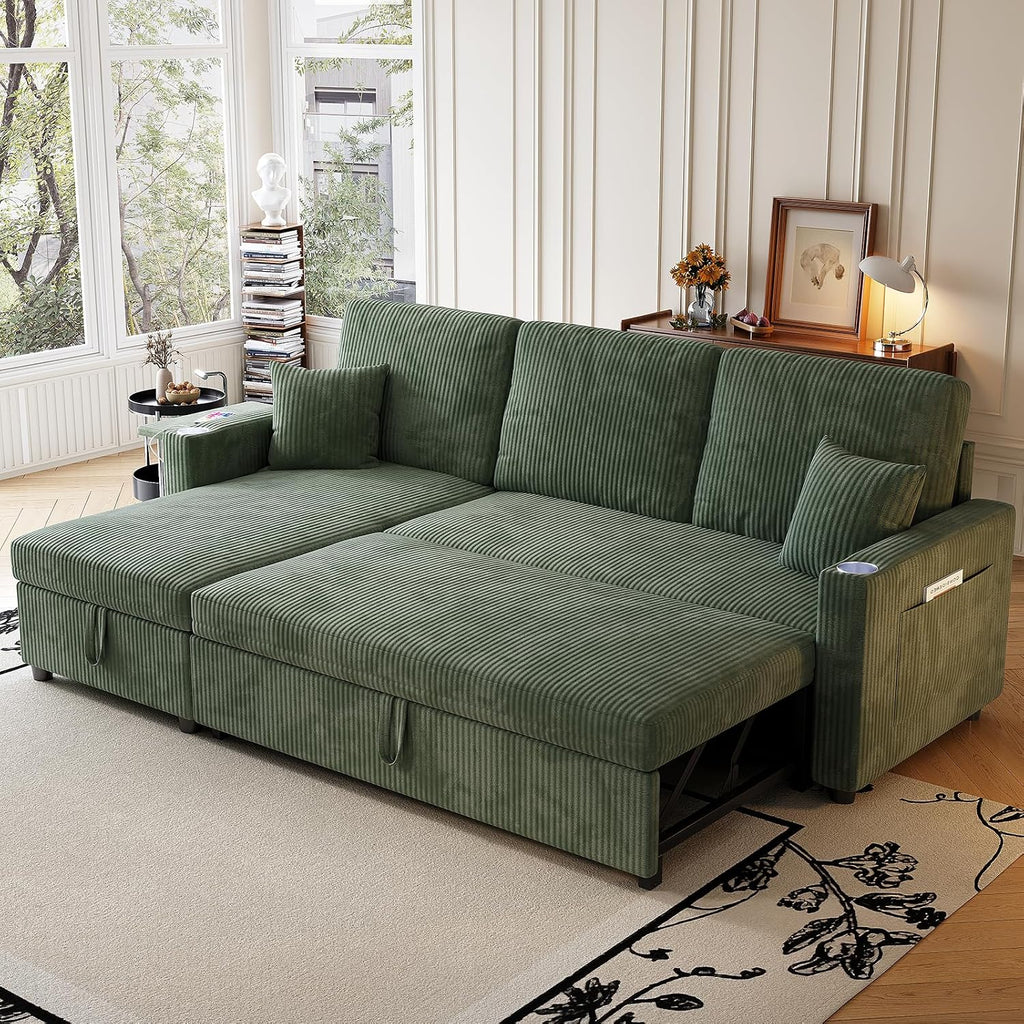 Sleeper Sectional Sofa, 83' Convertible Sofa Bed with Pull Out Couches, Small Desktop, L Shaped Couch with Reversible Chaise, Cup Holders, USB, Modern Corduroy Sofas for Living Room Apartment, Green