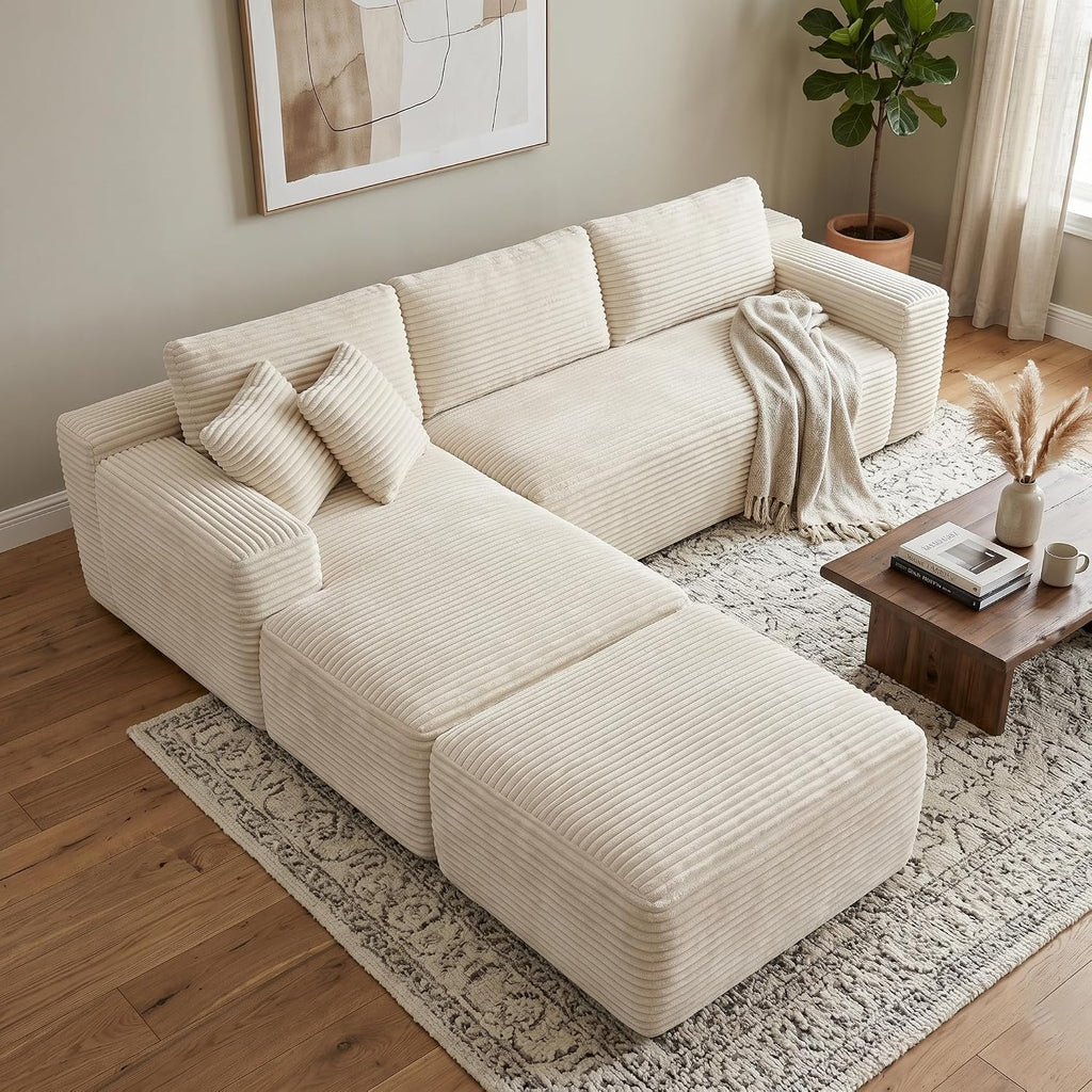Modern Modular Sectional Sofa, Luxury Cloud Couch, Corduroy Fabric L Shaped Deep Seat Sofa in a Box, Oversized Memory Foam Boneless Couch, Plush Fuzzy Double-Layer Cushion No Assembly