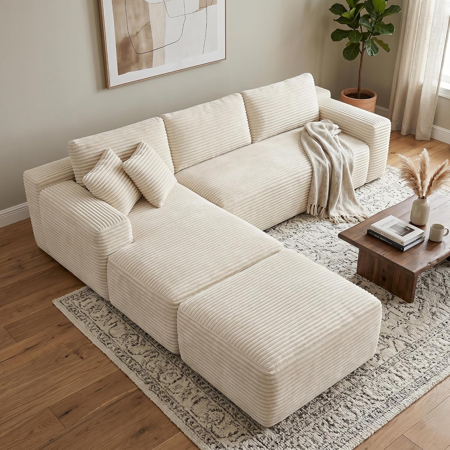 Modern Modular Sectional Sofa, Luxury Cloud Couch, Corduroy Fabric L Shaped Deep Seat Sofa in a Box, Oversized Memory Foam Boneless Couch, Plush Fuzzy Double-Layer Cushion No Assembly