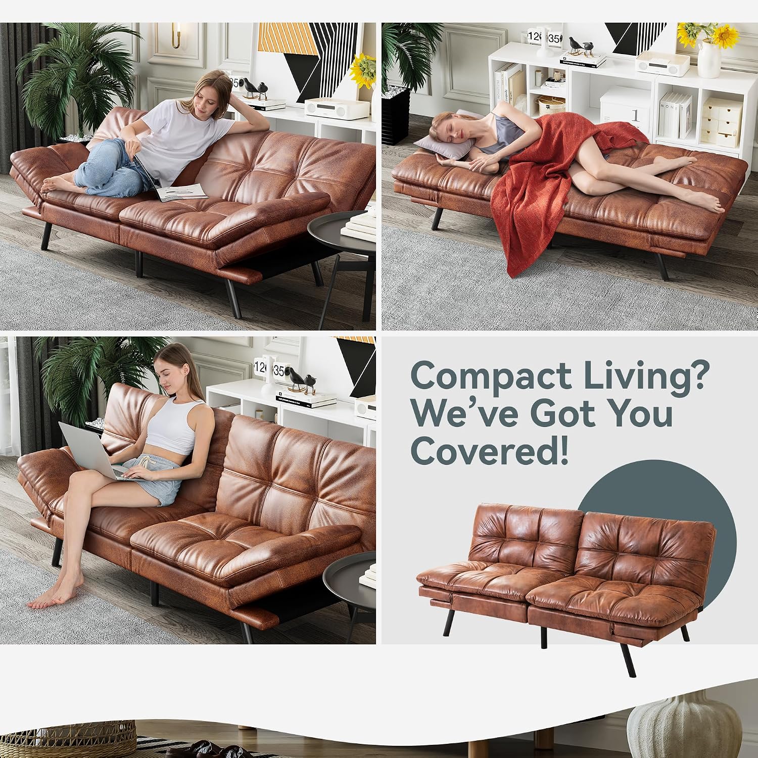 Futon Sofa Bed Convertible Couch, Brown Faux Leather Sofa Bed with Memory Foam, Adjustable Backrest & Armrests, Multifunctional Small Loveseat Sleeper Sofa for Living Room, Apartment, Office