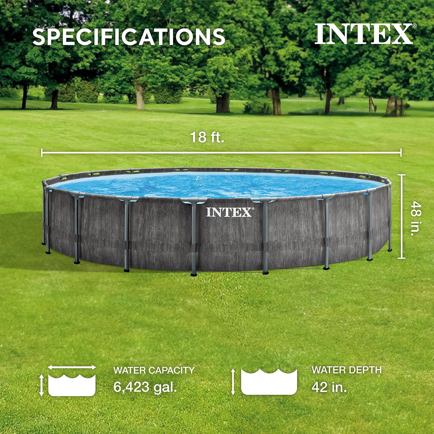 Intex Prism Frame Round Above Ground Outdoor Swimming Pool Set with Filter Pump, Ladder, Ground Cloth, and Pool Cover, Greywood