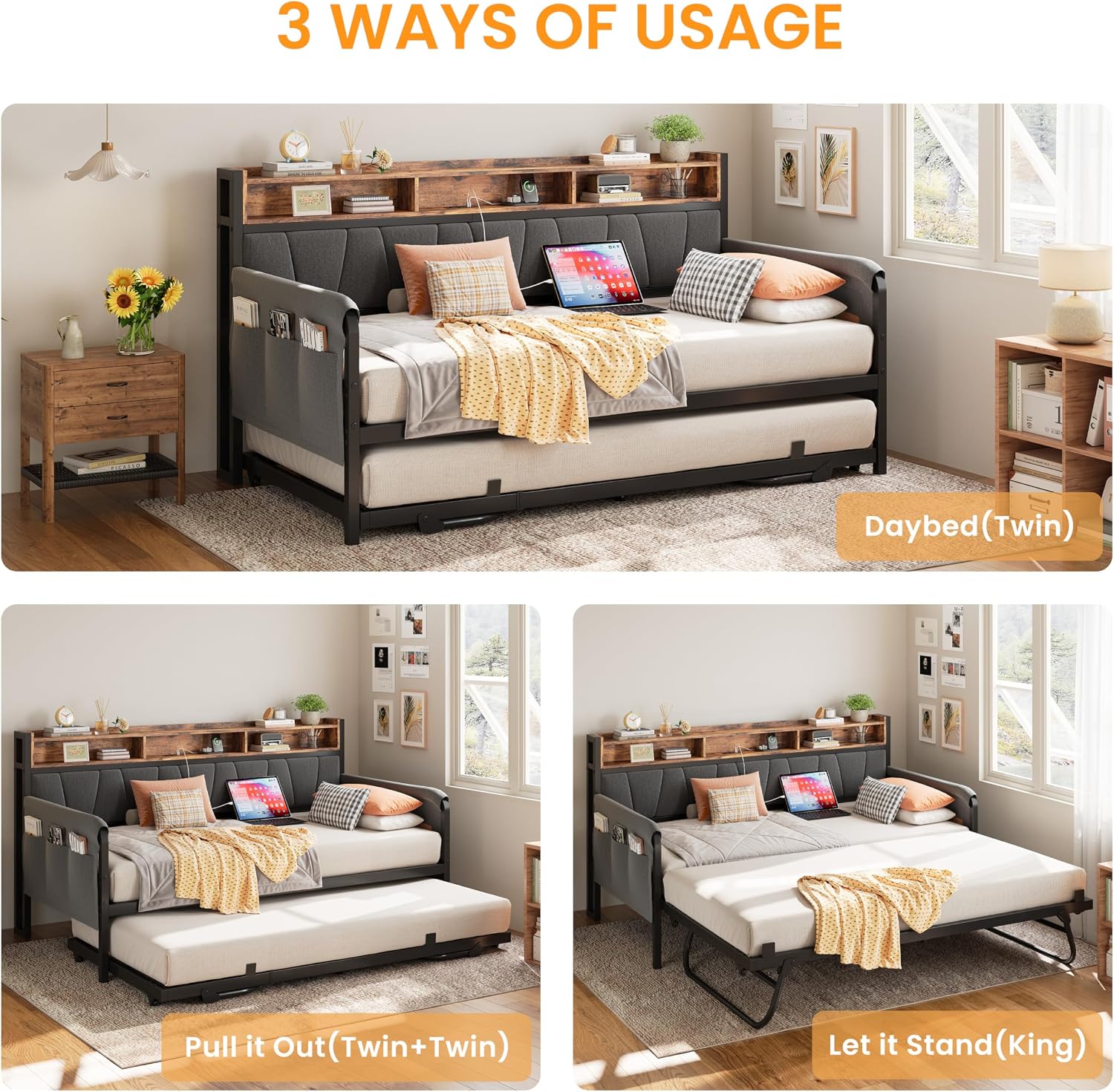 LIKIMIO Daybed with Trundle Bed, Twin Bed Frame with Upholstered Storage Headboard and Charging Station, Sofa Day Bed with Strong Supports for Living Room, Bedroom, and Guest Room, Black