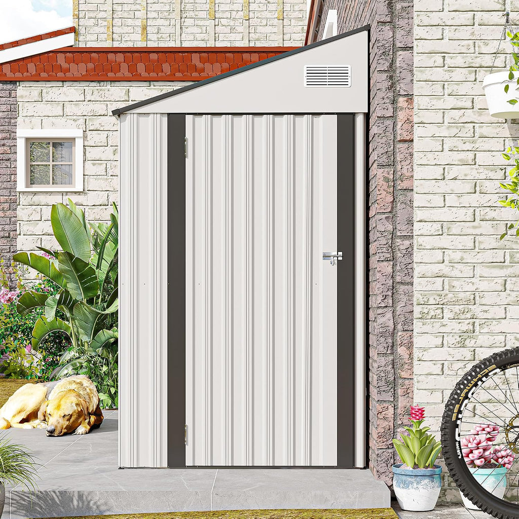 4x8FT Outdoor Storage Shed, Lean to Shed, Metal Wall Side Tool Storage Sheds House with Single Lockable Door for Backyard, Patio, Garden, Lawn