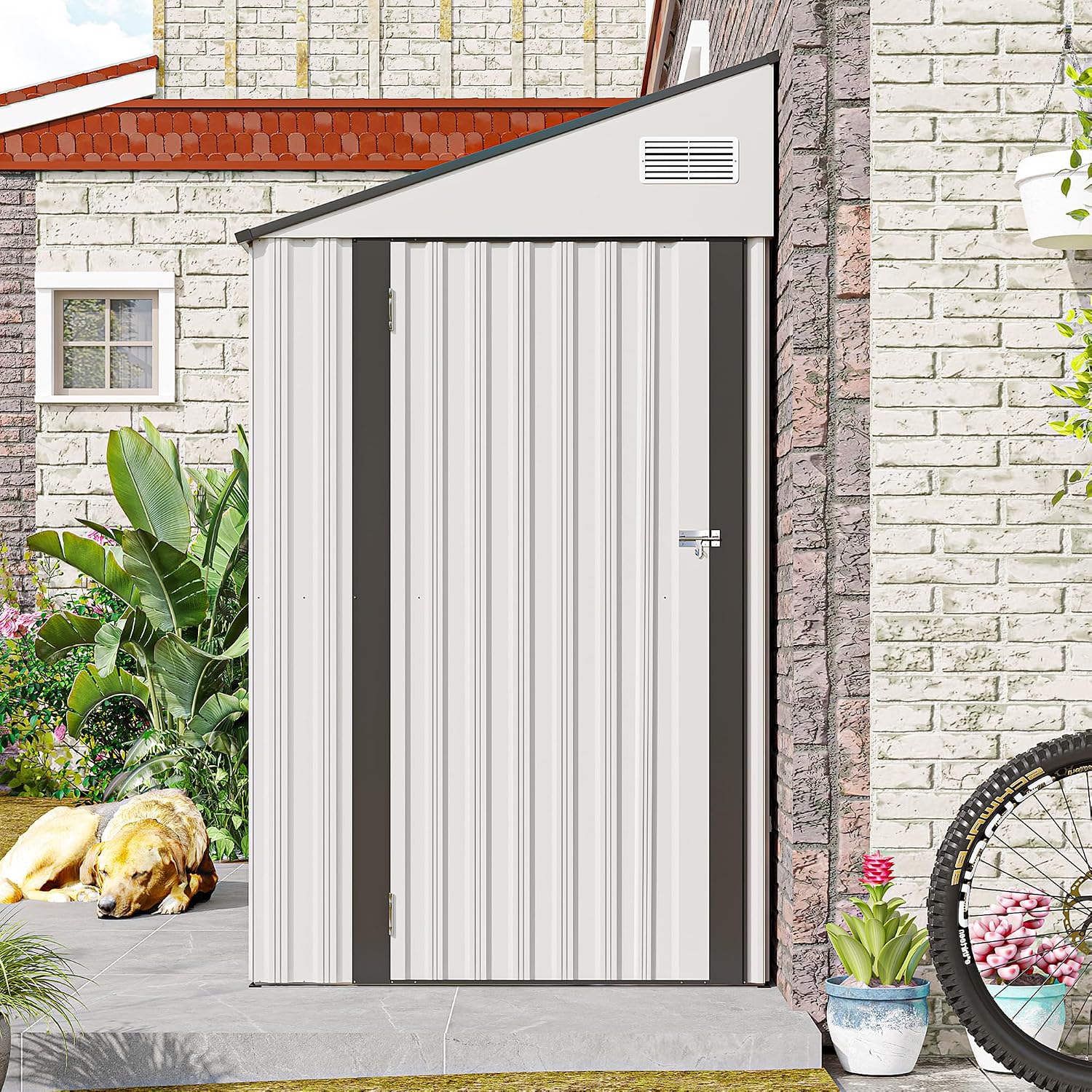 4x8FT Outdoor Storage Shed, Lean to Shed, Metal Wall Side Tool Storage Sheds House with Single Lockable Door for Backyard, Patio, Garden, Lawn