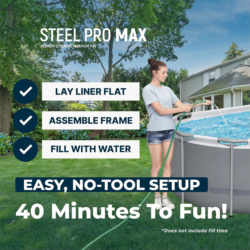 Bestway Steel Pro MAX 14' x 8'2' x 39.5' Oval Above Ground Swimming Pool Set, 530 GPH Filter Pump, Ladder, Tritech Puncture Resistant Liner, ClickConnect Steel Frame, Gray