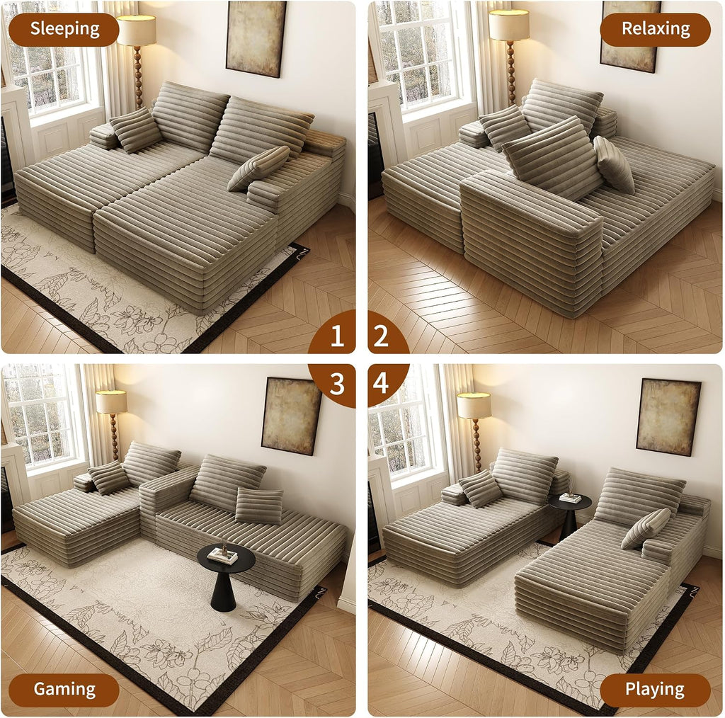 80' Oversized Double Lounge Chaise,Cloud Plush Sofa Bed,Upholstered Boneless Cloud Sofa Deep Seat,No Assembly Required,Modern Corduroy Sleeper Loveseat Chair for Living Room Bedroom Reading,Camel