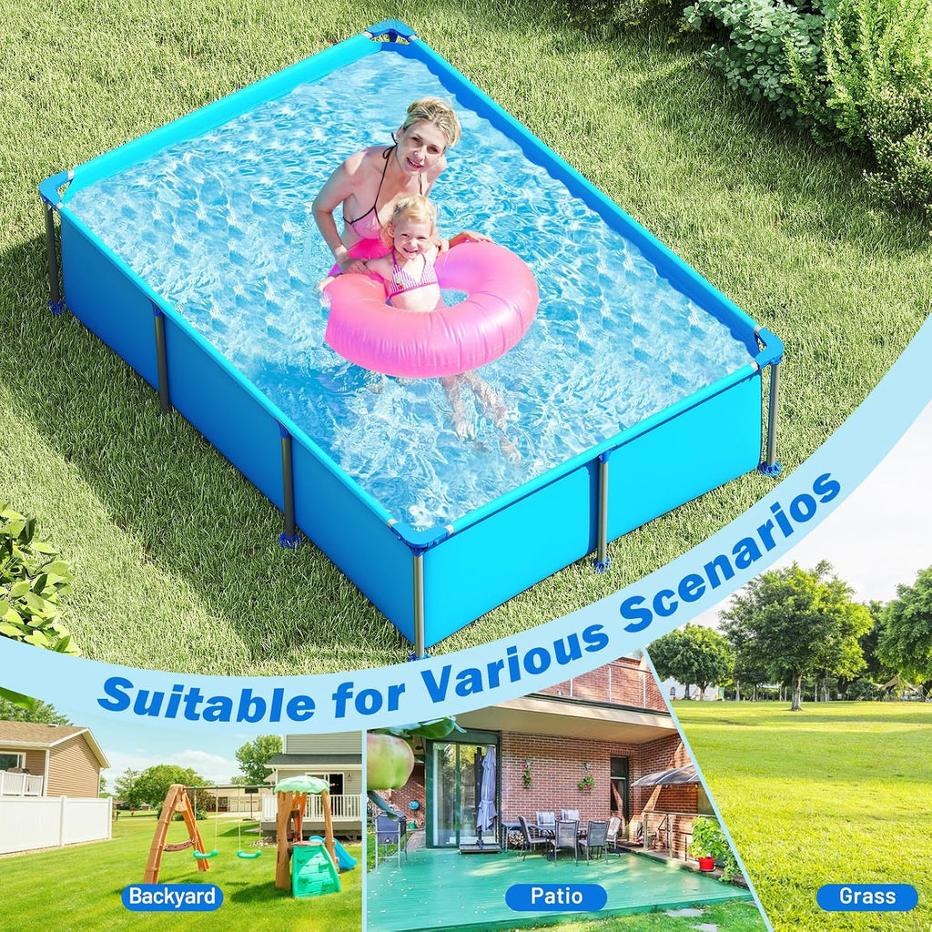 Goplus Above Ground Swimming Pool, 8.5'x6'x26'' Metal Frame Pool Set w/PVC Fabric, 3 Stoppers, Drainage Valve Connector, for Outdoor, Backyard, Garden, Patio (8.5' x 6' Rectangle, 690 Gal, Blue)