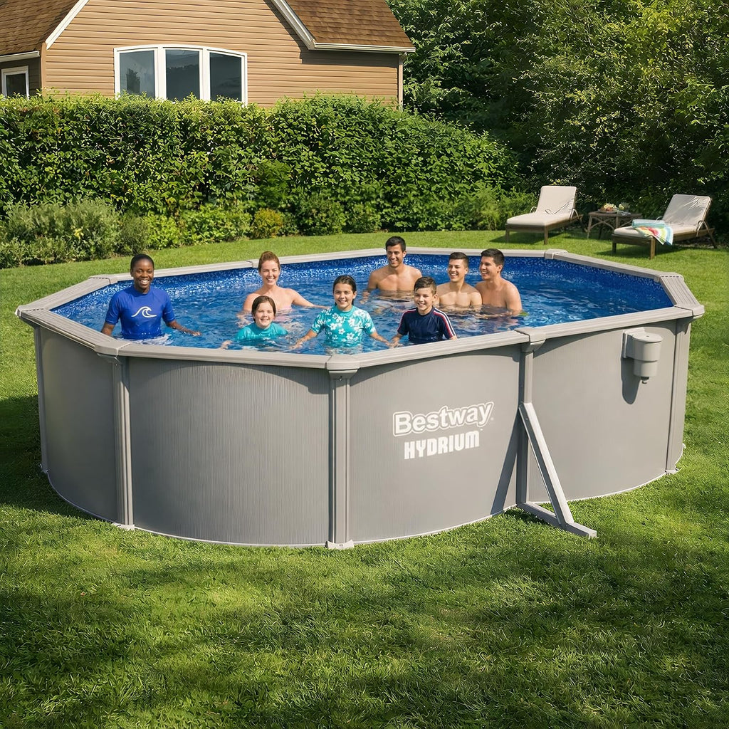 Bestway Hydrium 16'5' x 12' x 48' Above Ground Pool, Oval Steel Side Wall Frame Outdoor Swimming Pool Set with Sand Filter Pump, Polysphere Filtration Balls, Ladder & Accessories