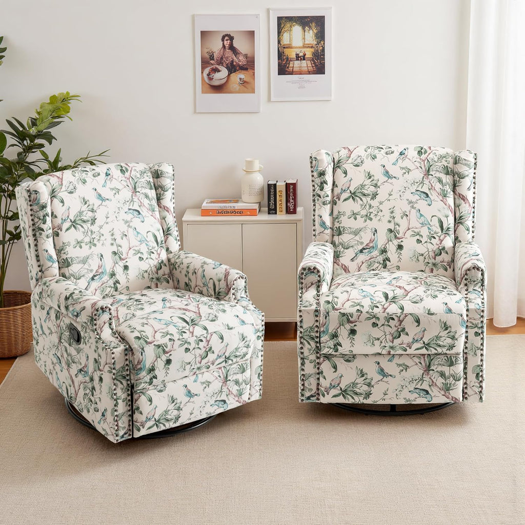 Lumibee Swivel Rocker Recliner Chairs, Set of 2 Printed Fabric Swivel Glider Rocking Chair with High Back, Upholstered Deep Seat Wingback Recliner Chair for Living Room Bedroom, Bird