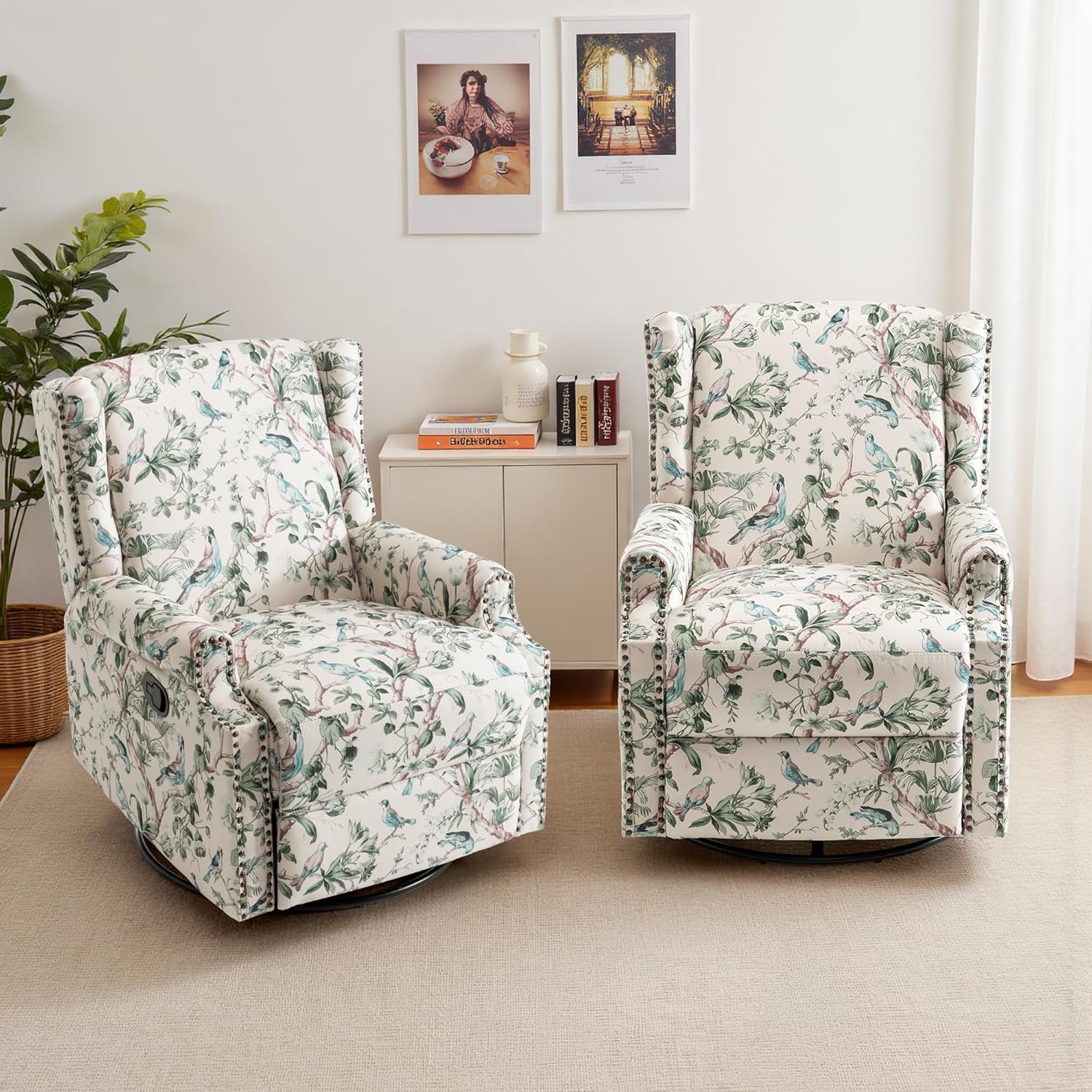 Lumibee Swivel Rocker Recliner Chairs, Set of 2 Printed Fabric Swivel Glider Rocking Chair with High Back, Upholstered Deep Seat Wingback Recliner Chair for Living Room Bedroom, Bird