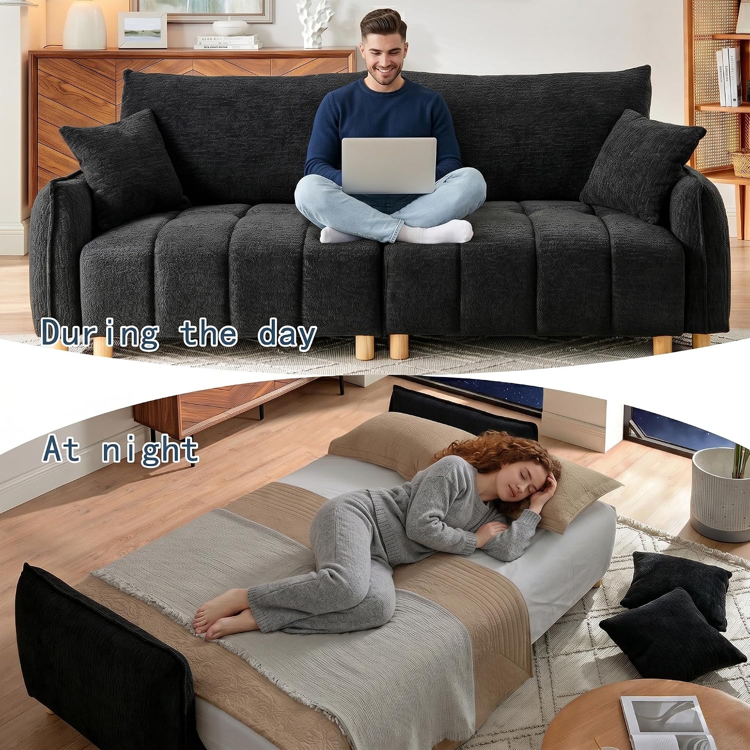 Mofolit Sleeper Sofa Bed Convertible Couch with Storage in Chenille Fabric Loveseat for Living Room Apartment and Small Spaces (Black)