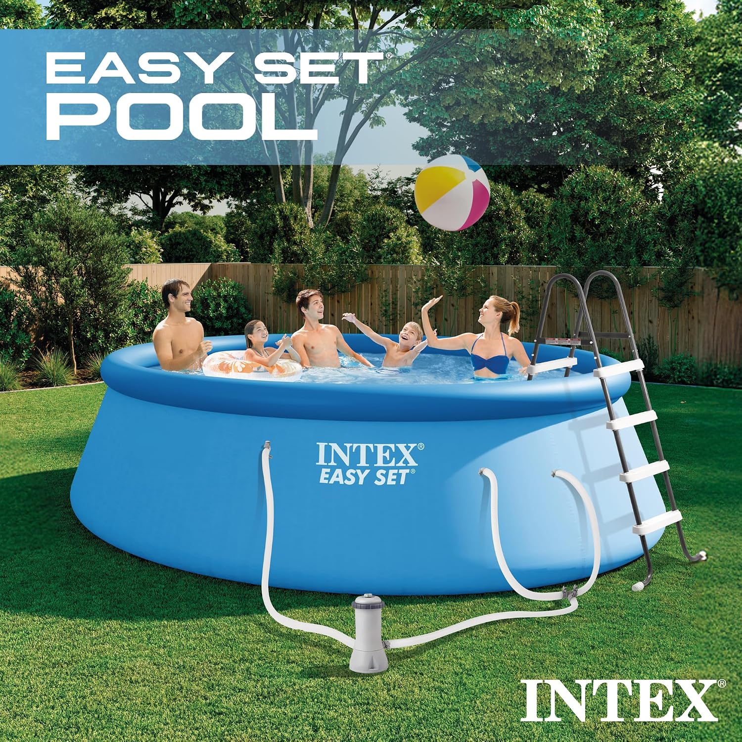 INTEX Easy Set 15 ft x 48in Above Ground Pool Set, Round Inflatable Swimming Pool with 1000 GPH Cartridge Filter Pump, Ladder, Cover, & Ground Cloth