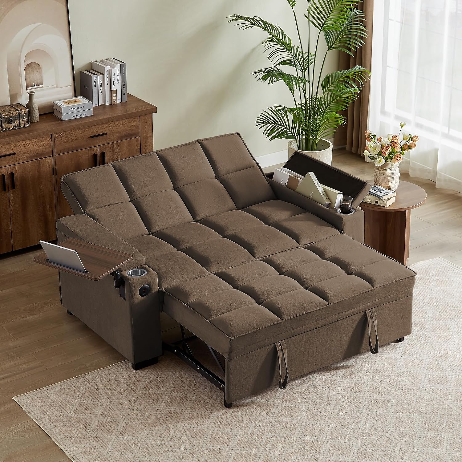 Auvsoce 65'' Convertible Sleeper Sofa Bed with Adjustable Backrest, Chaise Lounge, Side Table & USB/Type-C Ports – Stylish & Functional Addition to Any Living Room (Light Grey-1)