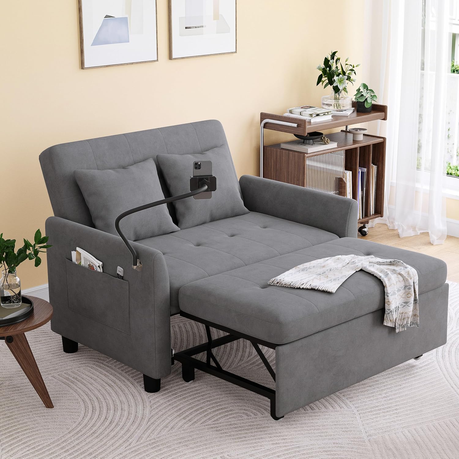 Sleeper Sofa Bed, 3 in 1 Convertible Sleeper Couch Bed Pull Out, Small Loveseat Sofa, Futon Sofa Bed, 46' Velvet Love Seat with Pillow and Phone Holder for Living Room, Grey