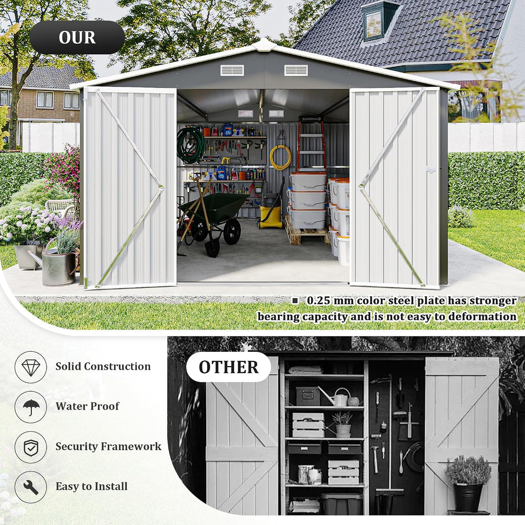 YOPTO 10x14 FT Outdoor Storage Shed, Extra Large Metal Garden Shed with Waterproof Roof, 4 Vents and 3 Lockable Doors,All-Weather Tool Shed Storage House for Backyard, Patio, Lawn,Dark Grey