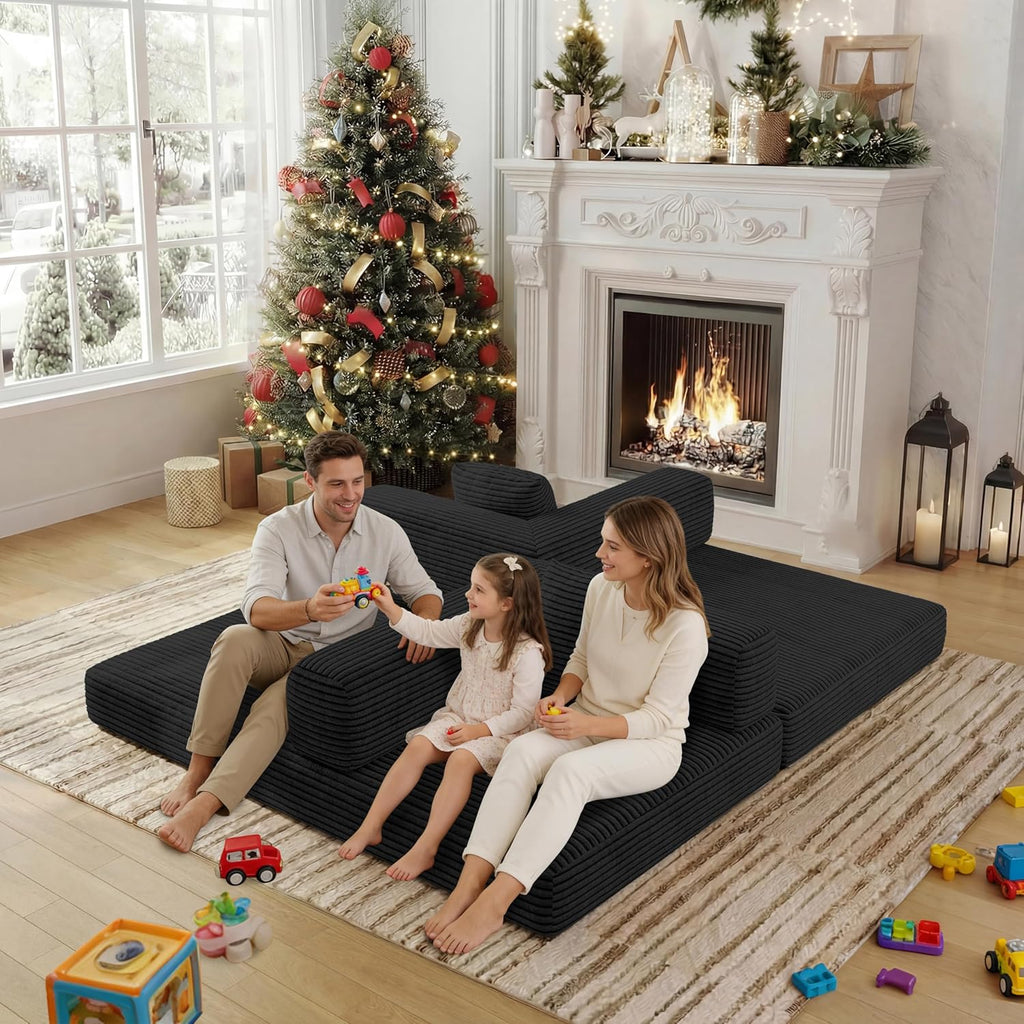 4-in-1 Foldable Sofa Bed Teddy Foam-Filled Compressed Couch Loveseat Sofa Boneless Foldable Convertible Sleeper Sofa Couch for Space Saving Living Room, Guest Bed, Playroom (Black, 53.15'Double Sofa)