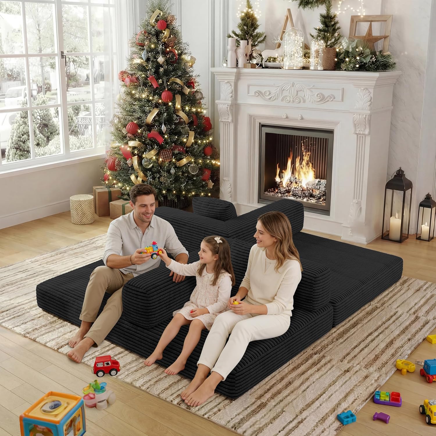 4-in-1 Foldable Sofa Bed Teddy Foam-Filled Compressed Couch Loveseat Sofa Boneless Foldable Convertible Sleeper Sofa Couch for Space Saving Living Room, Guest Bed, Playroom (Black, 53.15'Double Sofa)