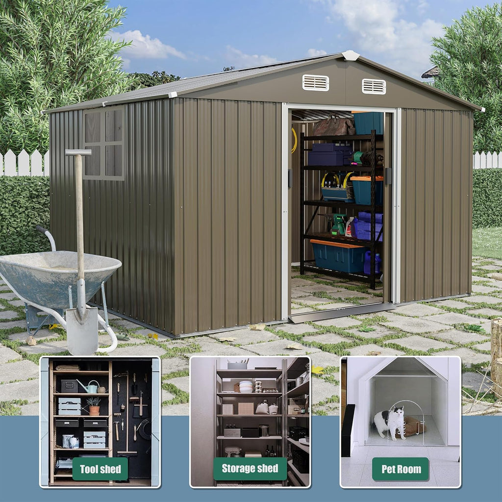 10FT x 8FT Outdoor Storage Shed,Waterproof Lockable Door Metal Tool Shed with Sliding Door and Air Vents,Storage House for Gardening Tools,Metal Storage Shed for Garden,Backyard,Lawn