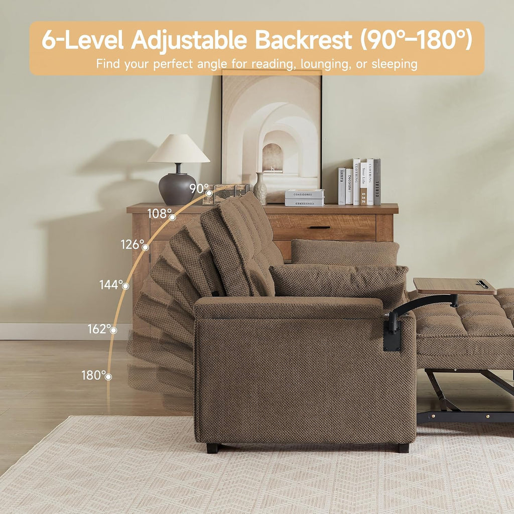 Auvsoce 65'' Chaise Lounge Chair Indoor, 3-in-1 Convertible Sofa Bed with Pull-Out Design, 360° Swivel Side Table, Modern Granular Velvet Couch Bed for Living Room, Small Space & Apartment-Friendly