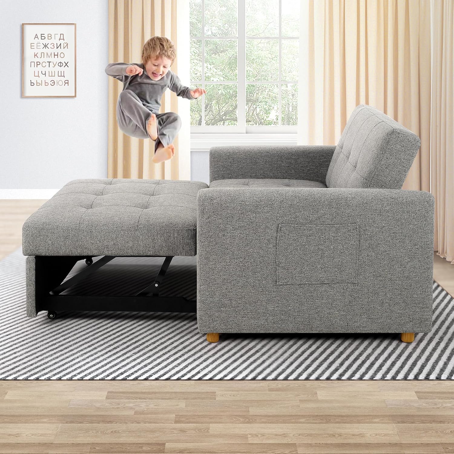 SEJOV Convertible Sofa Bed, 3-in-1 Sleeper Sofa Pull Out Couch Bed, 2-Seater Linen Fabric Loveseat Futon Sofa with Spring Support, Adjustable Backrest for Small Spaces, Living Room, Grey