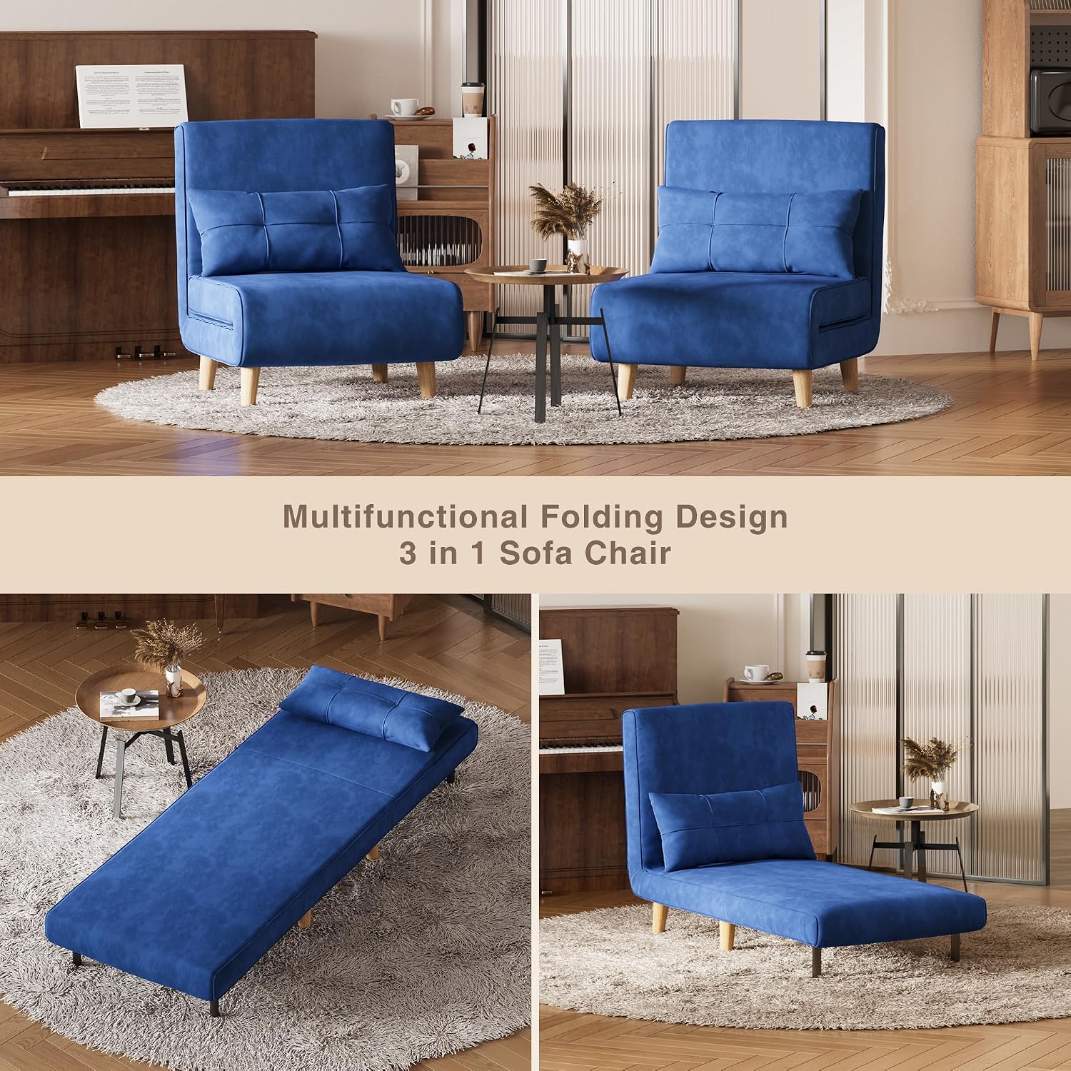 Aiho 3 in 1 Sleeper Chair, Convertible Futon Chair Bed, Velvet Sofa Bed with Adjustable Backrest, Living Room Chair for Apartment/Bedroom/Guest Room, Blue