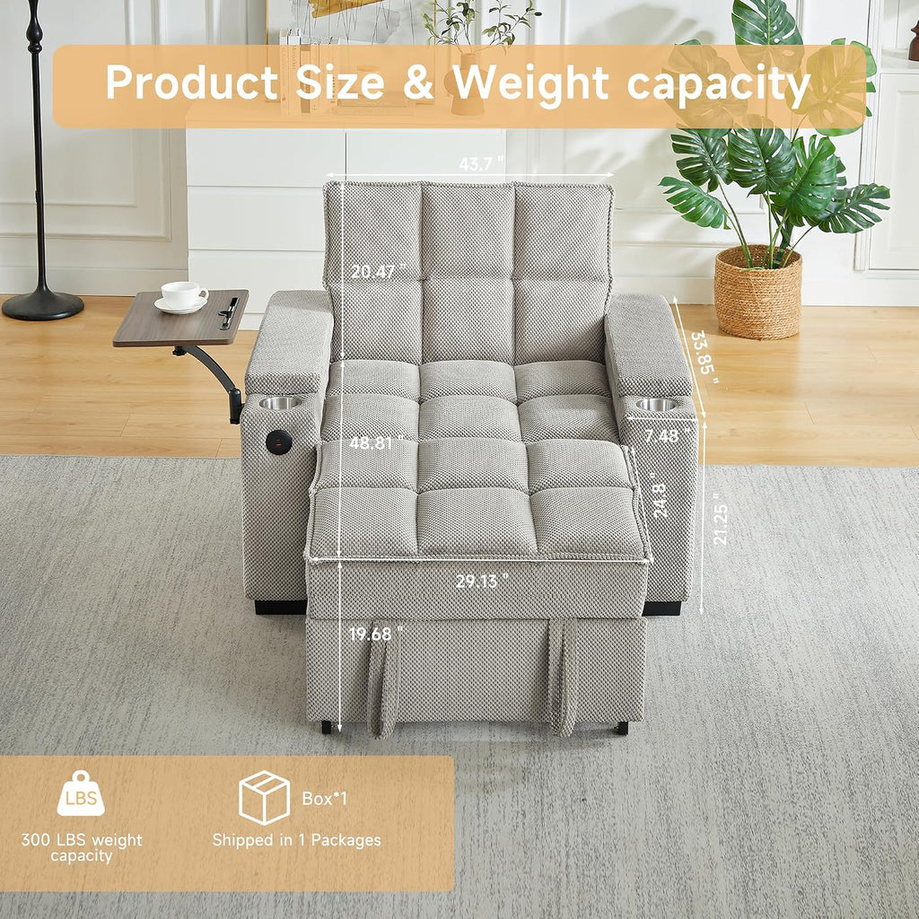 oaaktu Large Size Convertible Sleeper Chair Futon Sofa Bed, Comfortable Thick Cushion Single Sleeper Sofa Handheld Storage and Adjustable Backrest | Reading Chair with Rotating Small Table (Khaki)