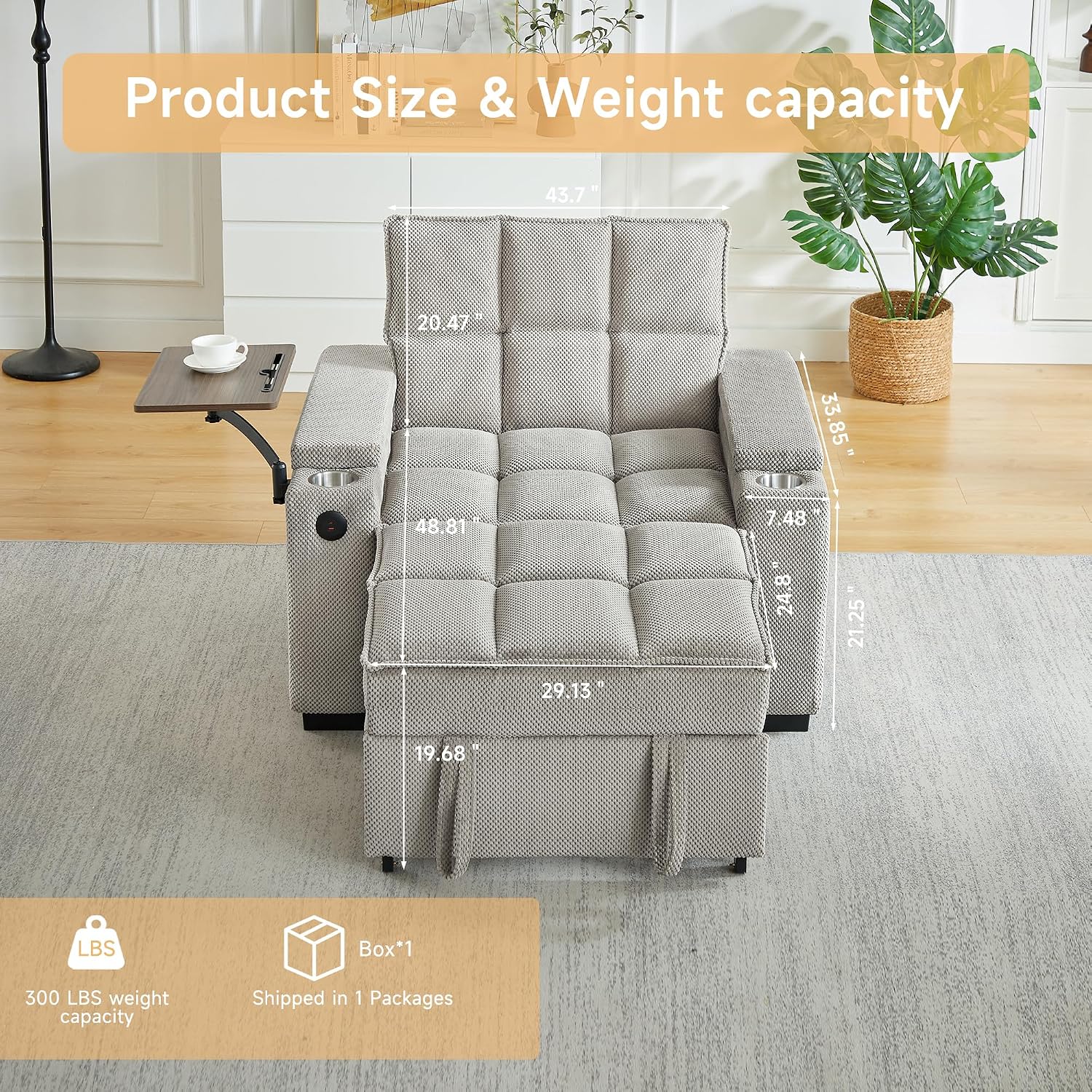 oaaktu Large Size Convertible Sleeper Chair Futon Sofa Bed, Comfortable Thick Cushion Single Sleeper Sofa Handheld Storage and Adjustable Backrest | Reading Chair with Rotating Small Table (Khaki)